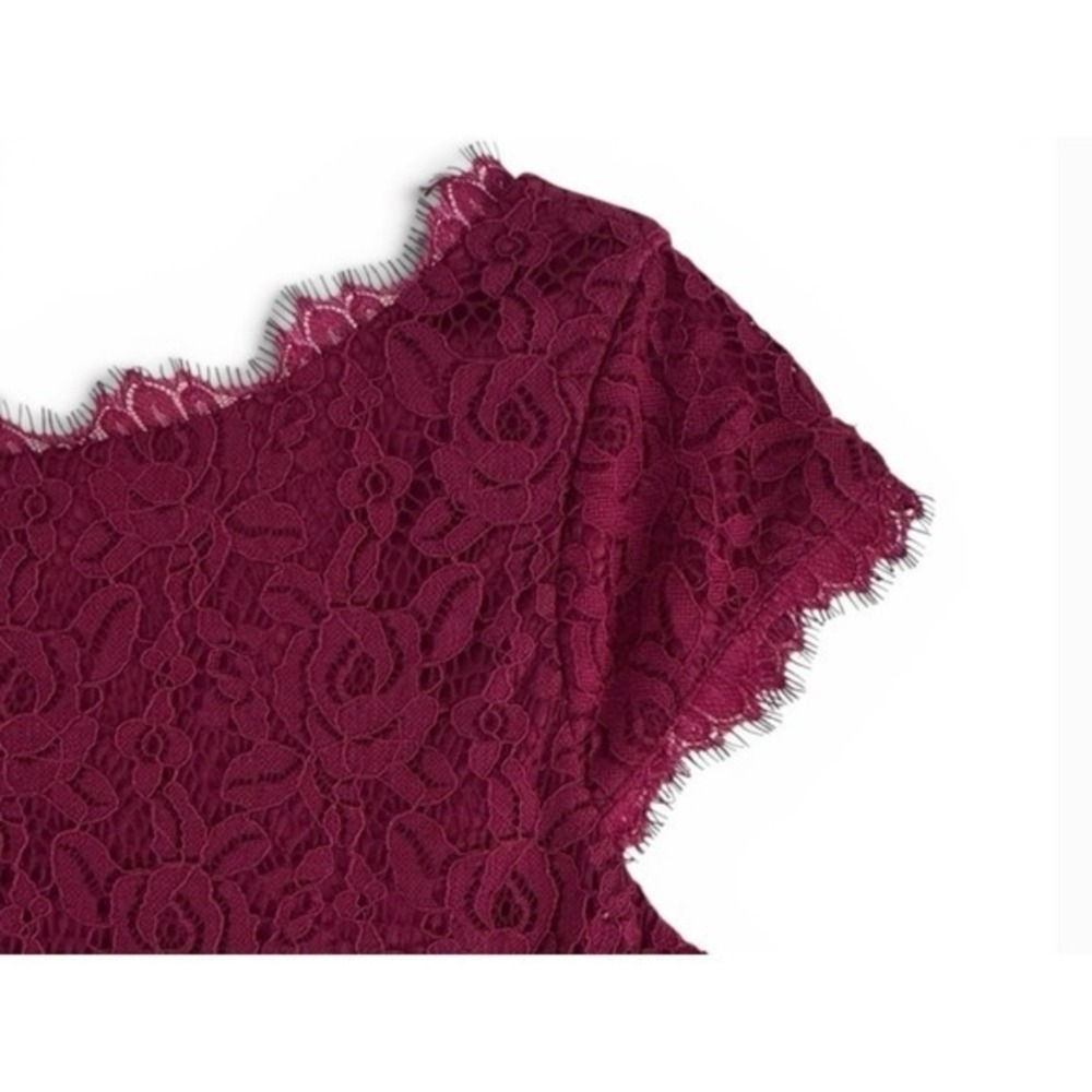 Eliza J Burgundy Lace Sheath Dress Cap Sleeve Scalloped Eyelash Trim Size 12 - Picture 10 of 12